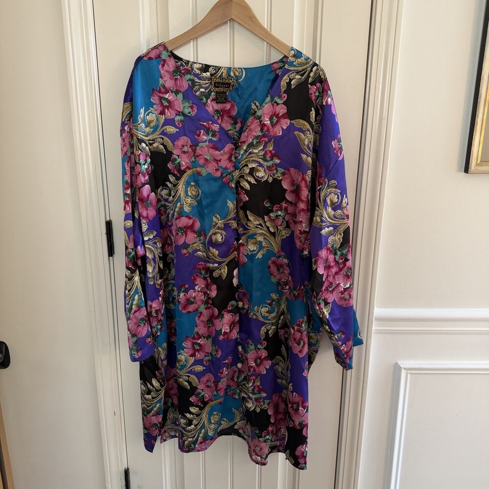 Vintage Solange Satin Nightgown House Dress Multi Color Floral Women's Sz 26/28